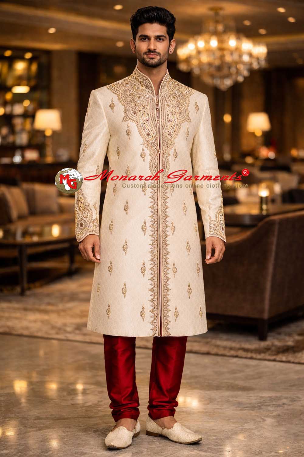 Men’s cream brocade wedding sherwani with hand embroidery and maroon churidar by Monarch Garments