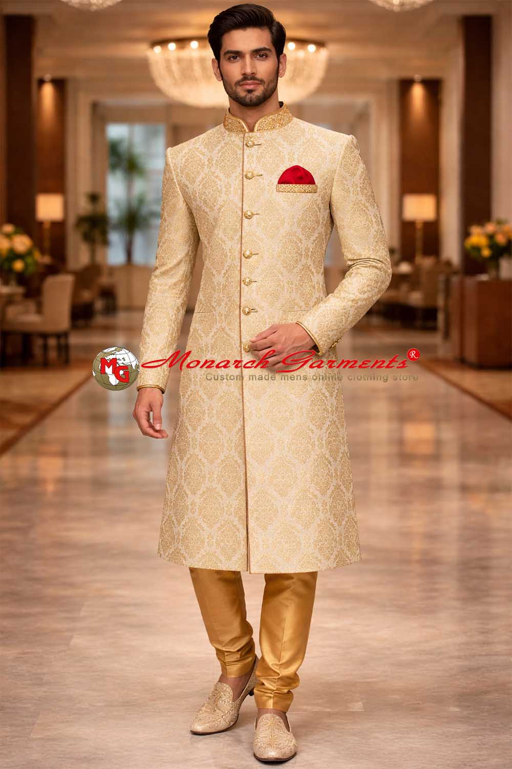 Royal cream brocade sherwani for men with gold woven pattern and red pocket square – premium Indian wedding sherwani by Monarch Garments
