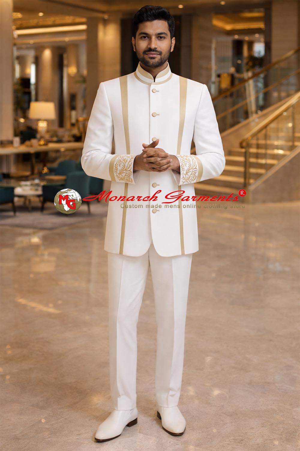 Cream designer embroidered Jodhpuri bandhgala suit for men with golden accents and embroidered cuffs, luxury groom wedding outfit by Monarch Garments