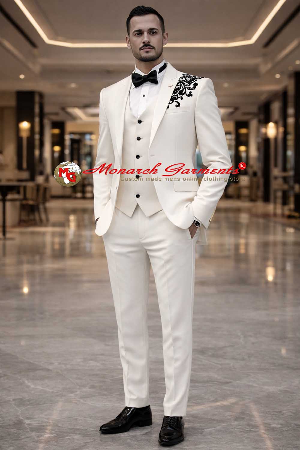 Cream designer tuxedo suit for men slim fit embroidered wedding wear India