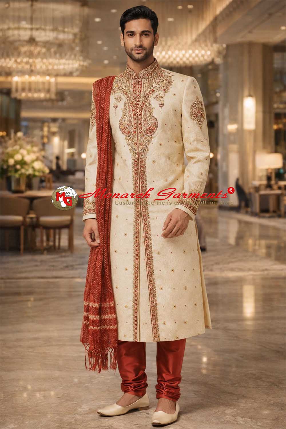 Royal cream dupion embroidered wedding sherwani with red stole for men, luxury groom outfit by Monarch Garments India