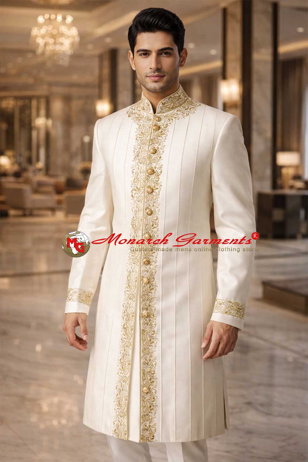 Cream dupion Indo Western suit for men with gold embroidery and Nehru collar for wedding wear India