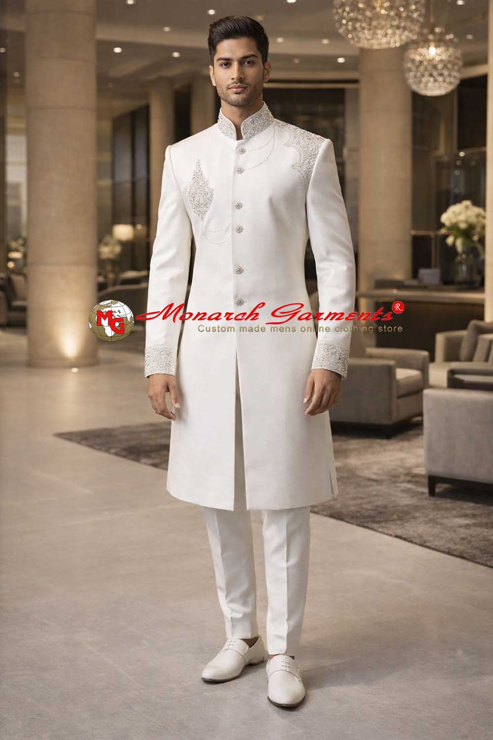 Cream dupion Indo western suit for men with Nehru collar embroidery wedding wear