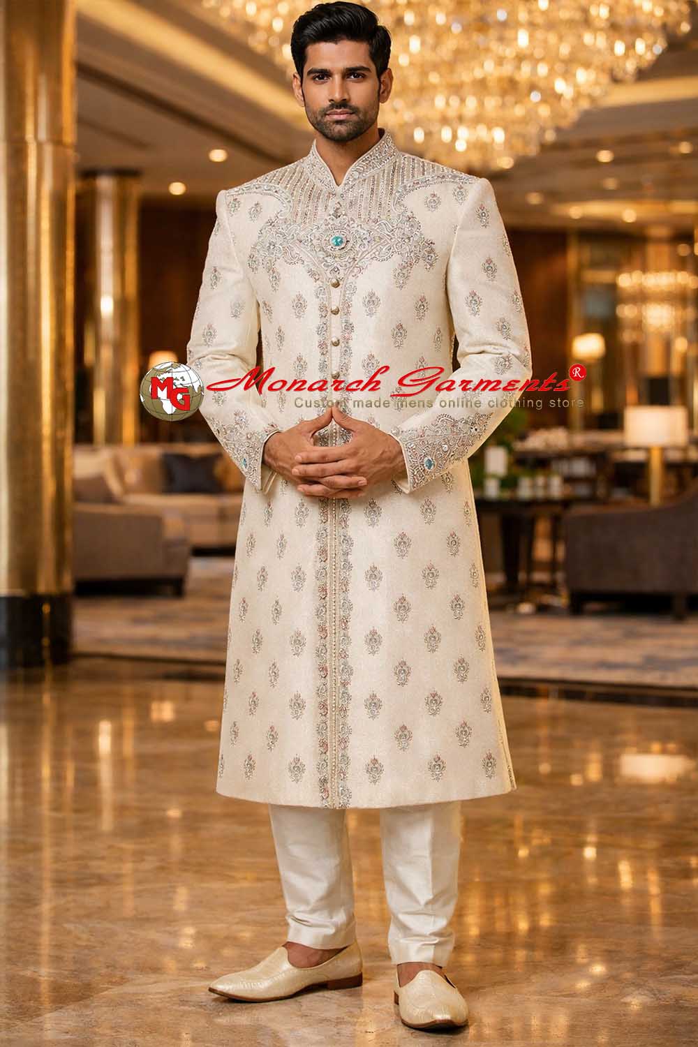 cream dupion silk embroidered groom sherwani set for men indian wedding wear monarch garments