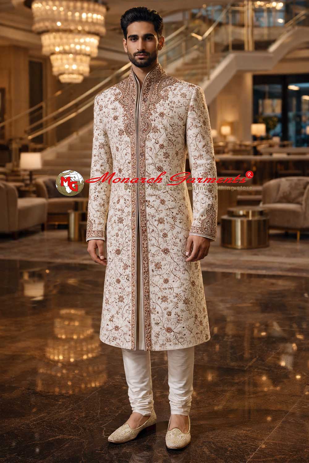 Cream dupion silk embroidered wedding sherwani for men with floral design and breeches style pyjama by Monarch Garments