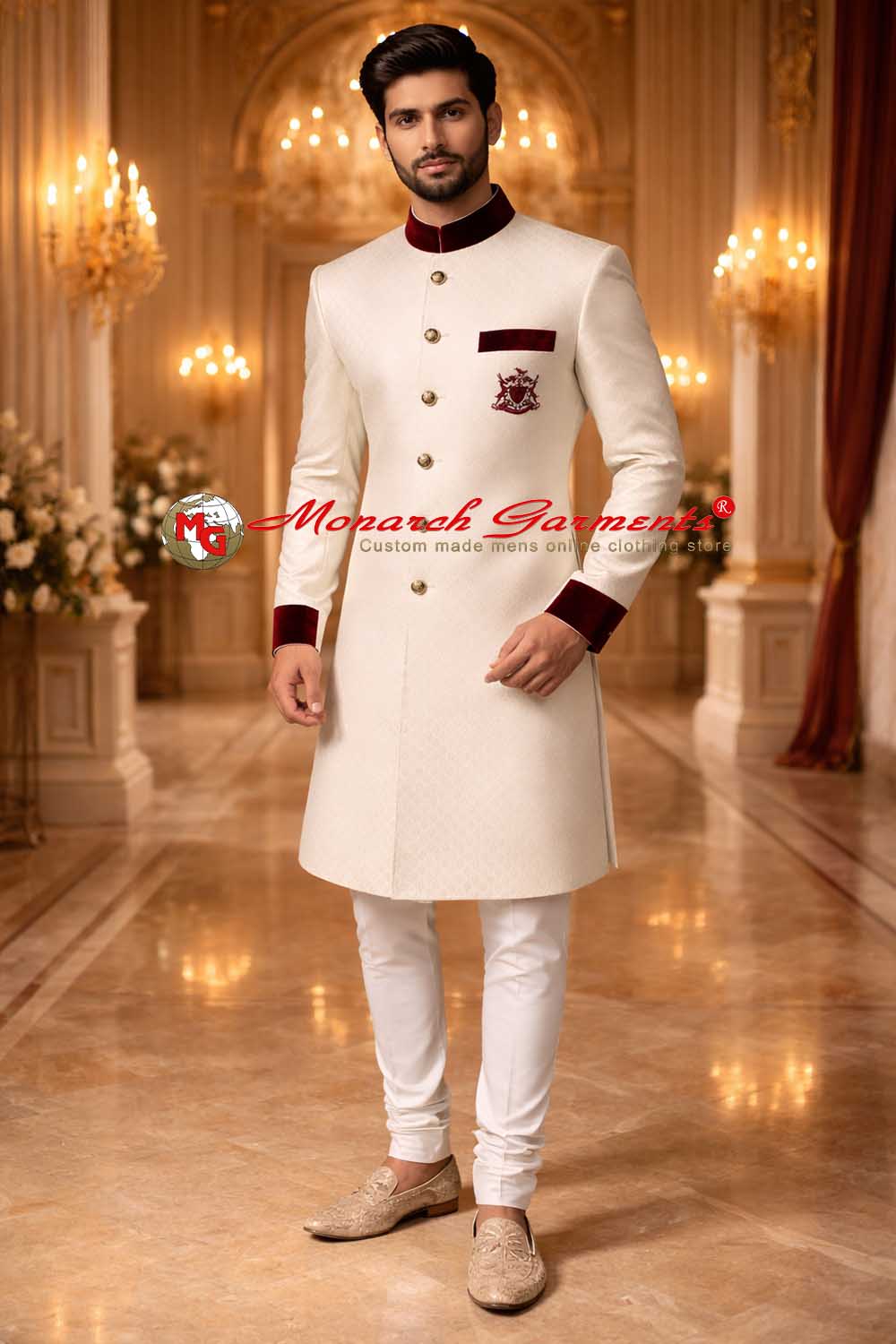 Cream dupion silk sherwani with maroon velvet collar for groom Indian wedding outfit