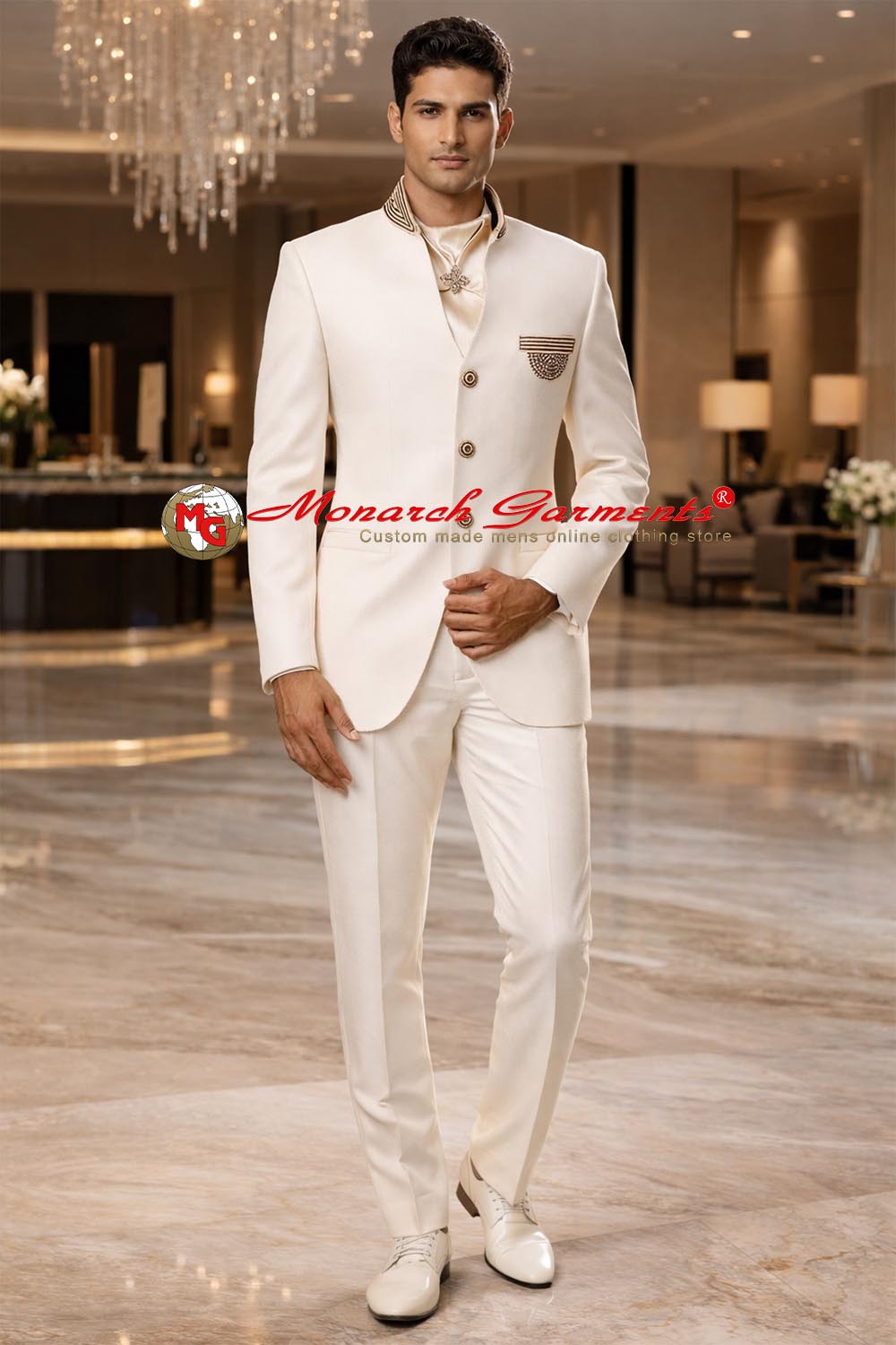 Cream embroidered 3 button jodhpuri suit with brooch and scarf for men