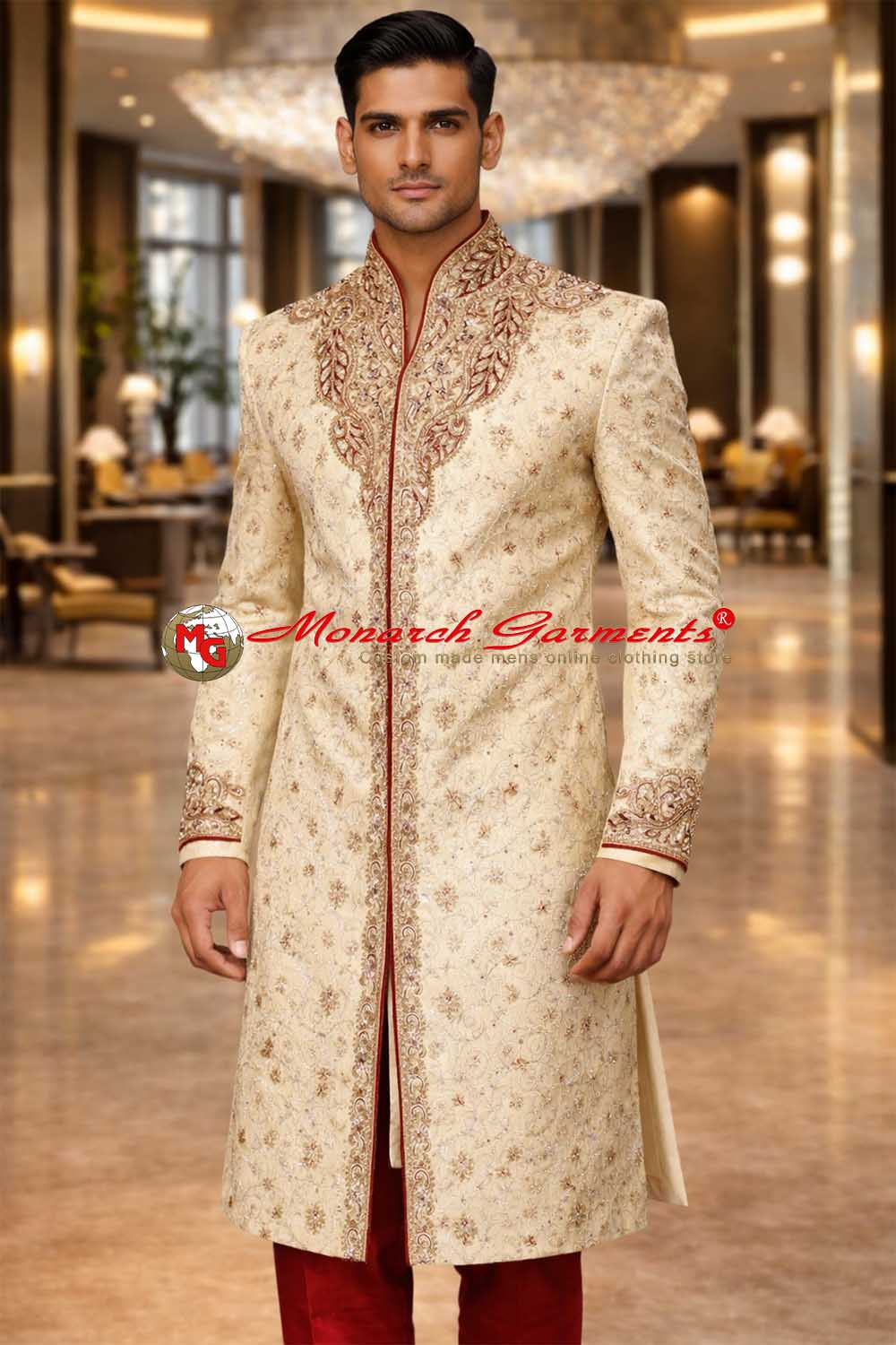 Cream embroidered brocade wedding sherwani for men with red accents and bandhgala collar by Monarch Garments India