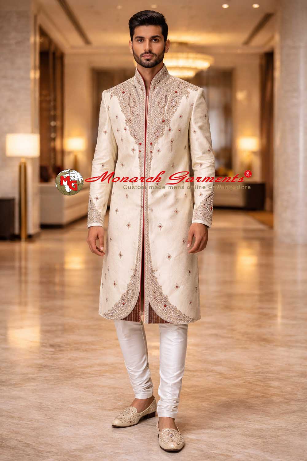 Men wearing cream embroidered designer sherwani with breeches style pyjama for wedding and groom wear