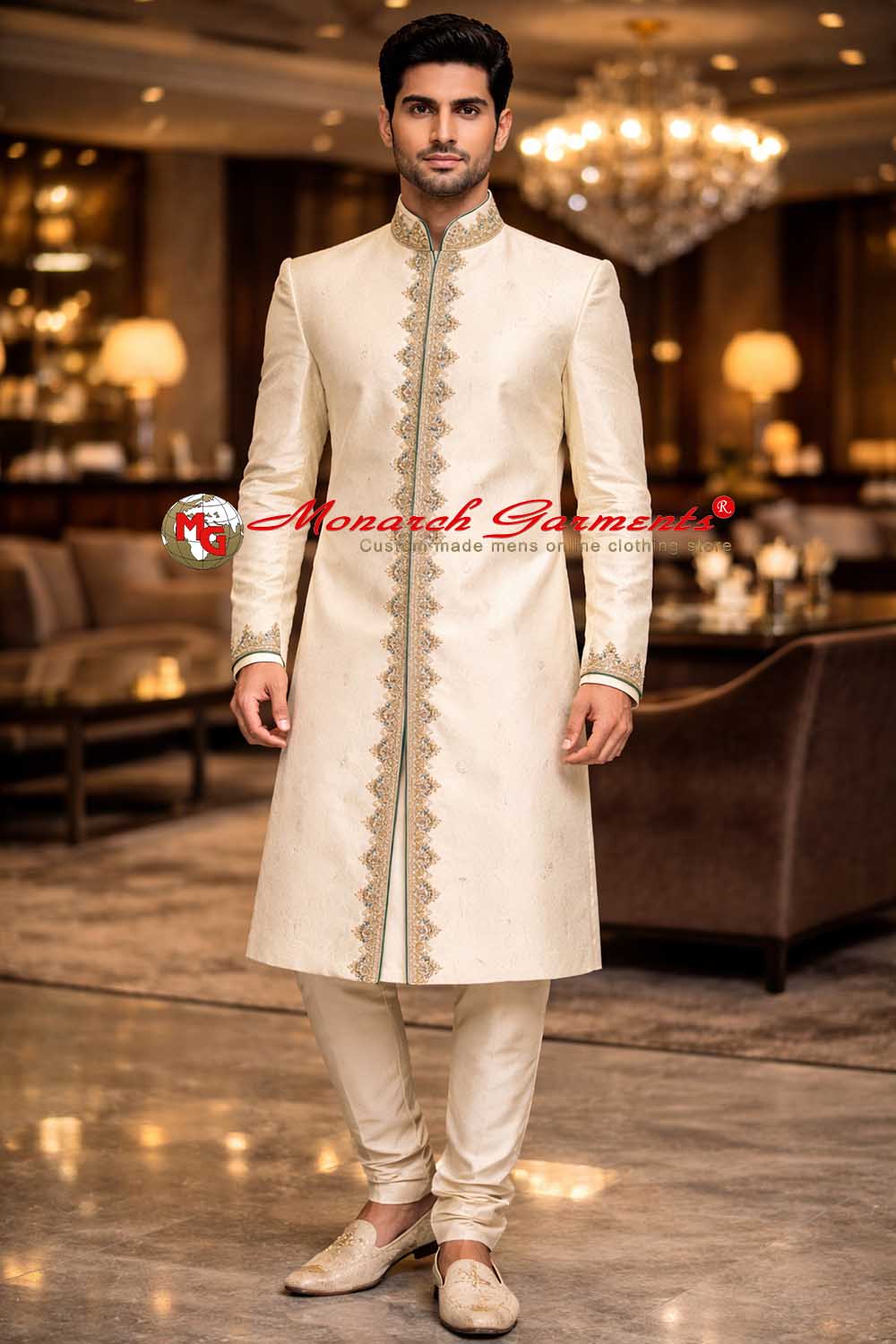Men's cream dupion silk embroidered wedding sherwani with churidar by Monarch Garments