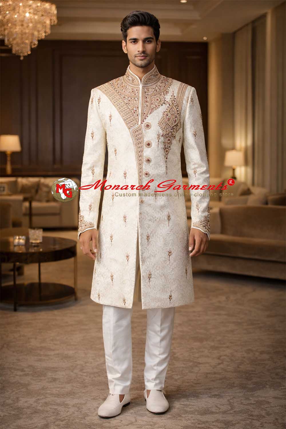 Cream embroidered Indo Western sherwani for men with breeches pant for wedding wear India