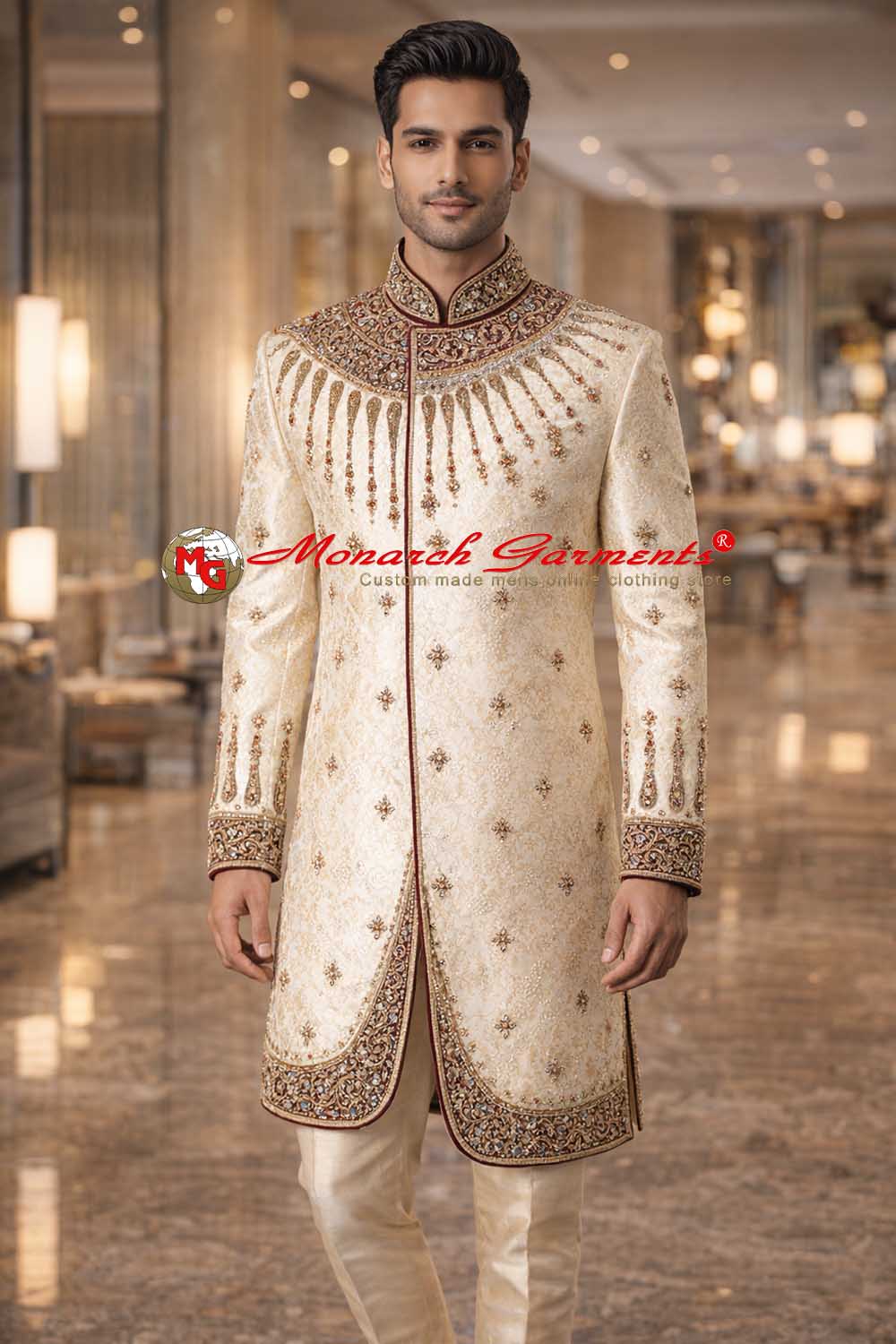 Cream embroidered Indo Western sherwani for men with dupion silk pyjama wedding outfit