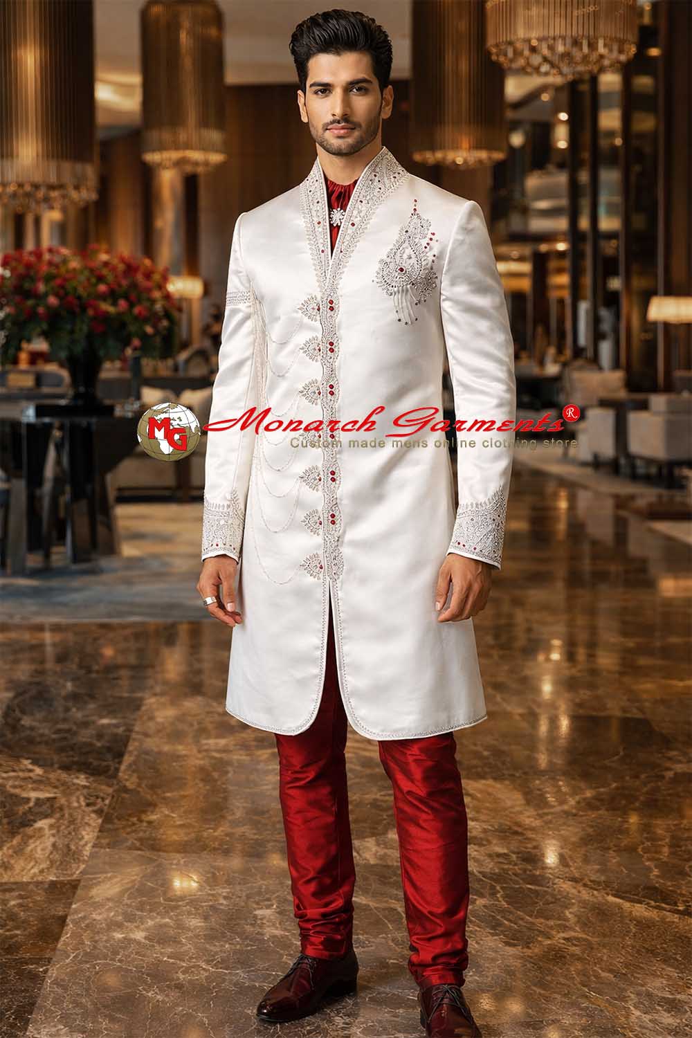 Cream embroidered Indo Western suit for men with maroon pyjama and accessories