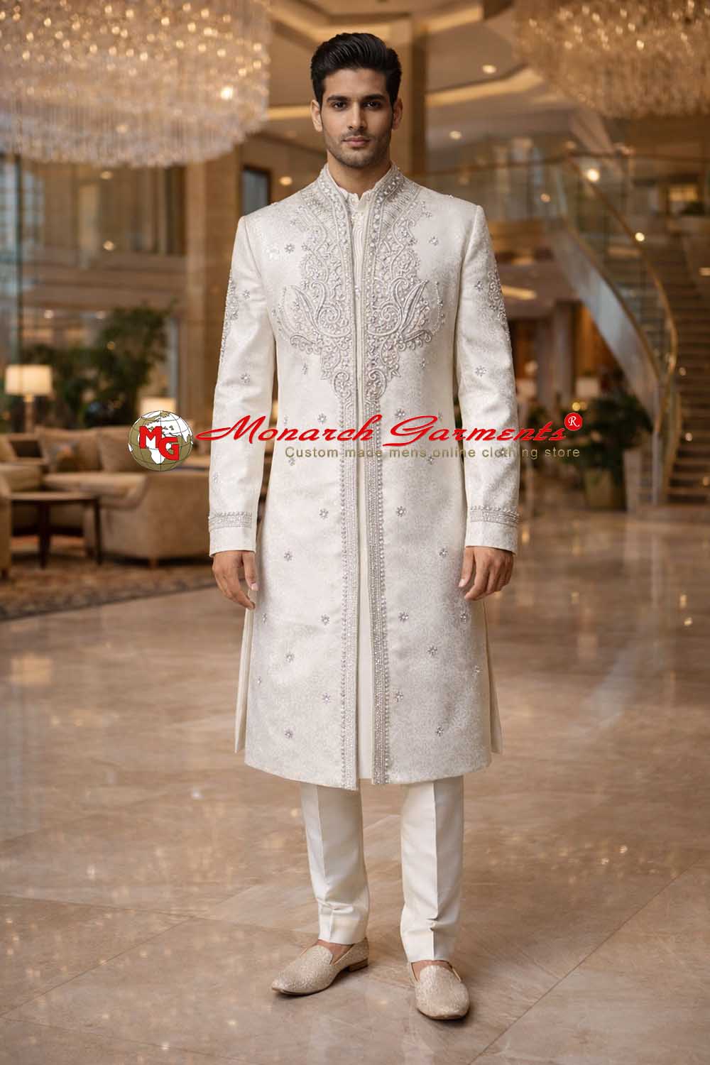 Cream embroidered Indo Western suit for men wedding brocade fabric India