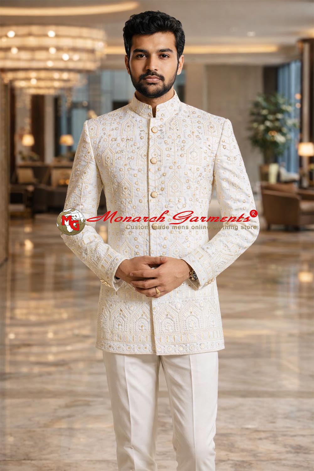 Cream embroidered jacquard Jodhpuri suit for men with beige trousers slim fit