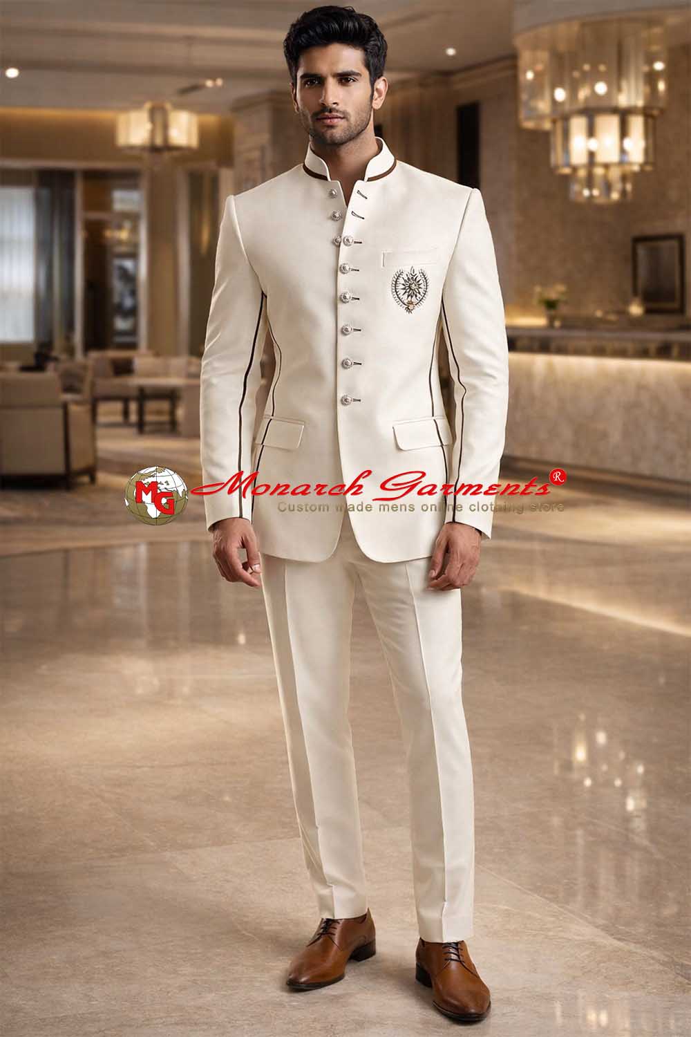 Cream embroidered Jodhpuri bandhgala groom suit for Indian wedding with matching trousers by Monarch Garments