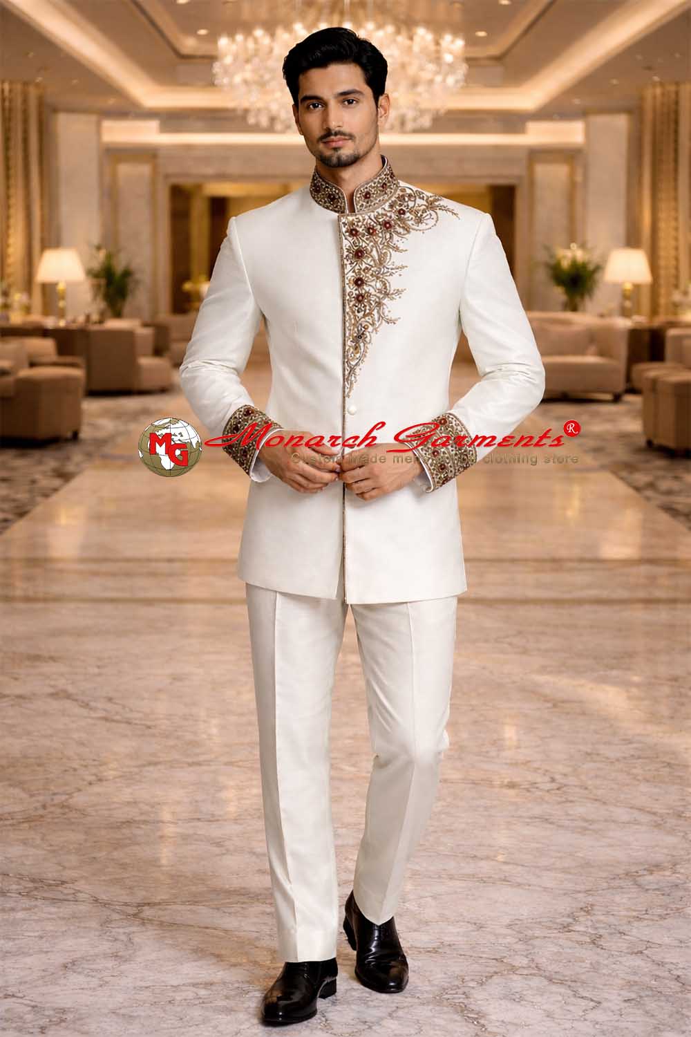 Cream embroidered Jodhpuri Bandhgala suit for groom with matching trousers by Monarch Garments