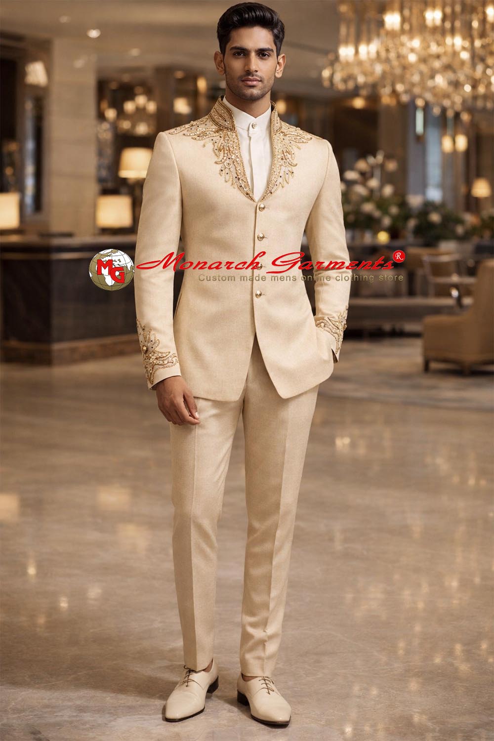 Cream embroidered Jodhpuri suit for men with high neck concealed button bandhgala by Monarch Garments India