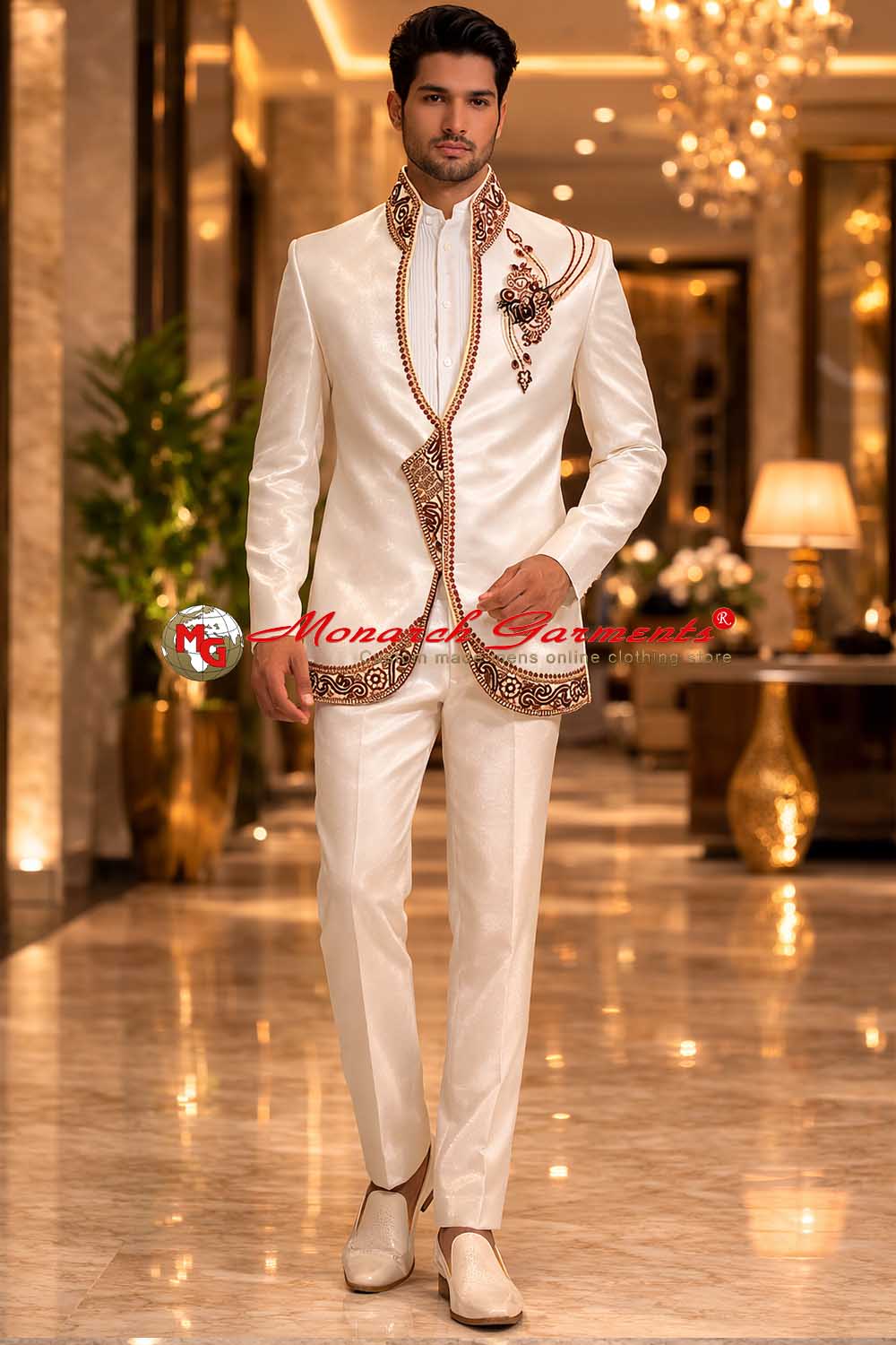 Cream embroidered polyester Jodhpuri suit for men luxury wedding outfit Monarch Garments