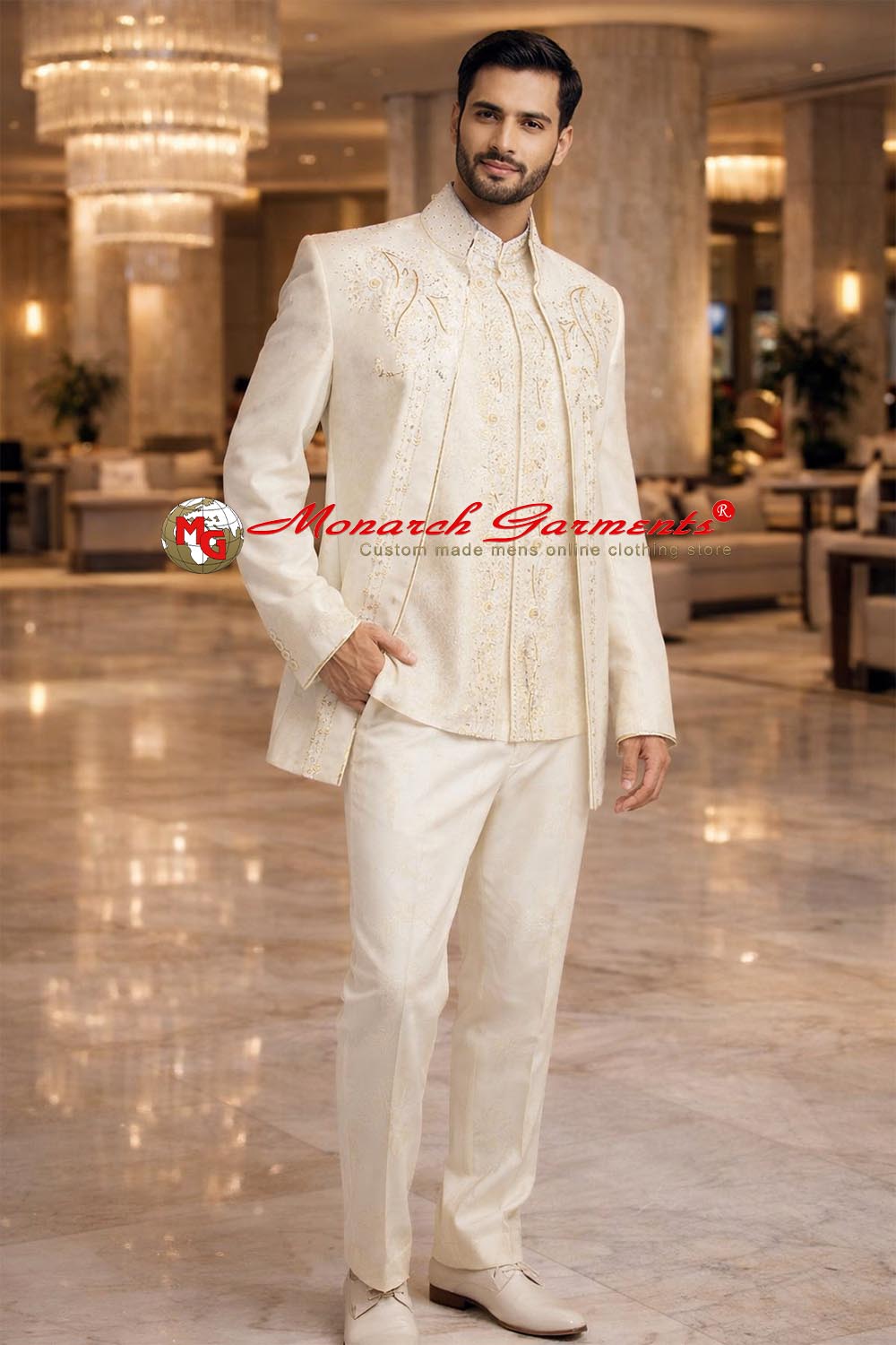 Cream embroidered Jodhpuri bandhgala suit for men with Nehru vest and golden trimming, luxury Indian groom wedding outfit by Monarch Garments