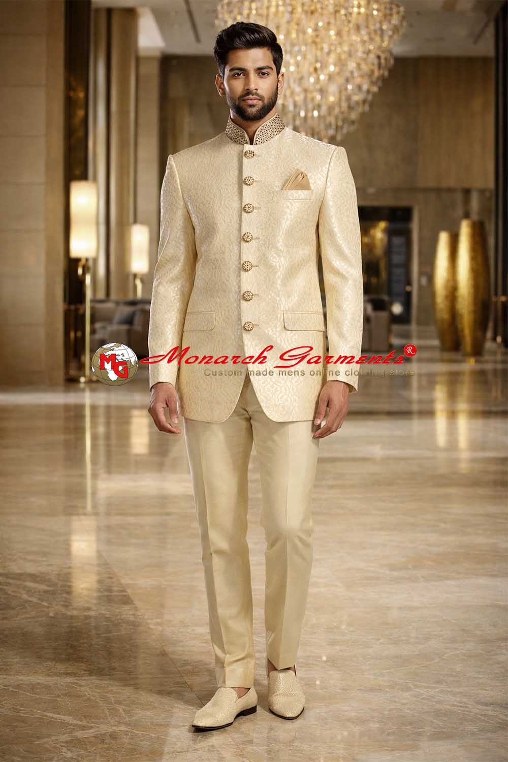 Cream embroidered neck Jodhpuri suit for men with 6 button bandhgala jacket and matching trouser by Monarch Garments for Indian weddings