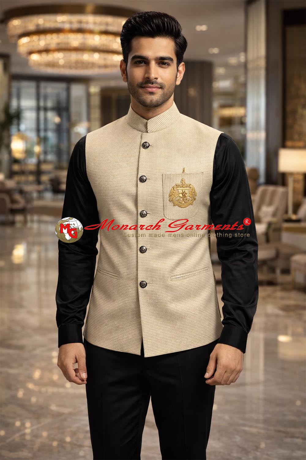 Cream embroidered Nehru vest for men slim fit formal waistcoat for weddings and occasions