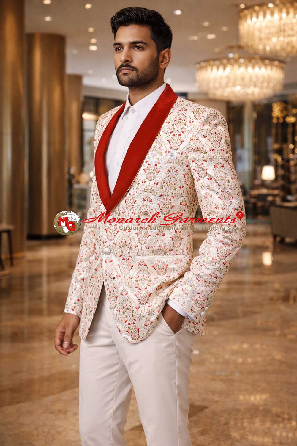 Cream embroidered tuxedo suit for men with red velvet shawl lapel for weddings
