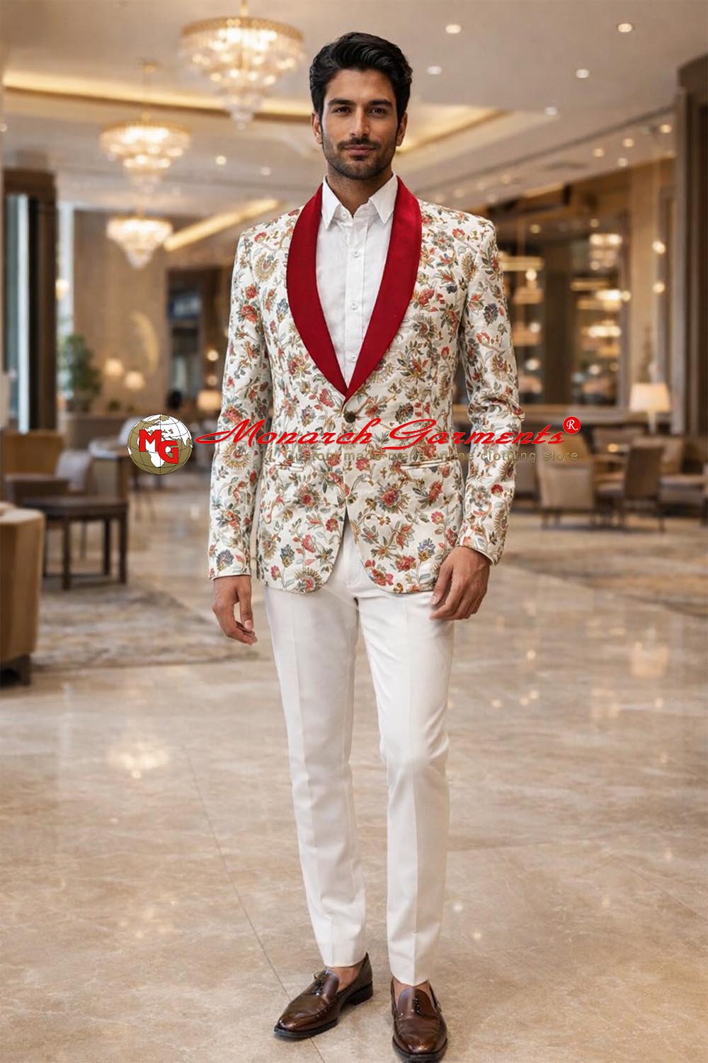 Men wearing cream embroidered silk blazer with red shawl lapel for wedding reception India