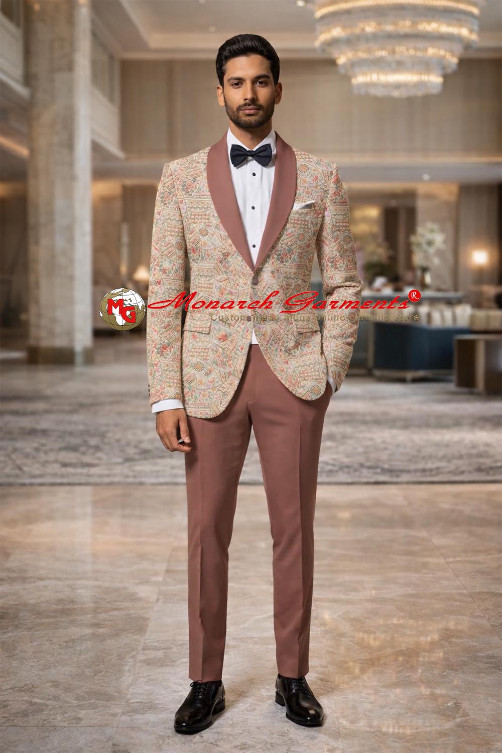 Men wearing cream embroidered silk tuxedo blazer with red shawl lapel for wedding and gala events India