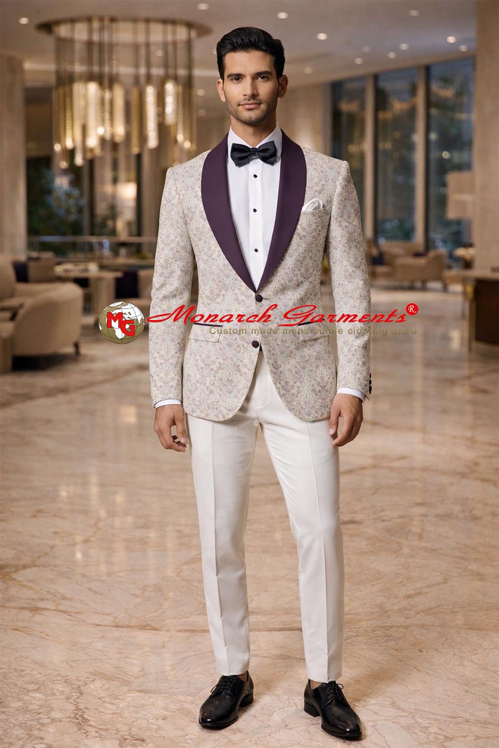 Men wearing cream embroidered silk tuxedo jacket with shawl lapel for wedding and gala events India