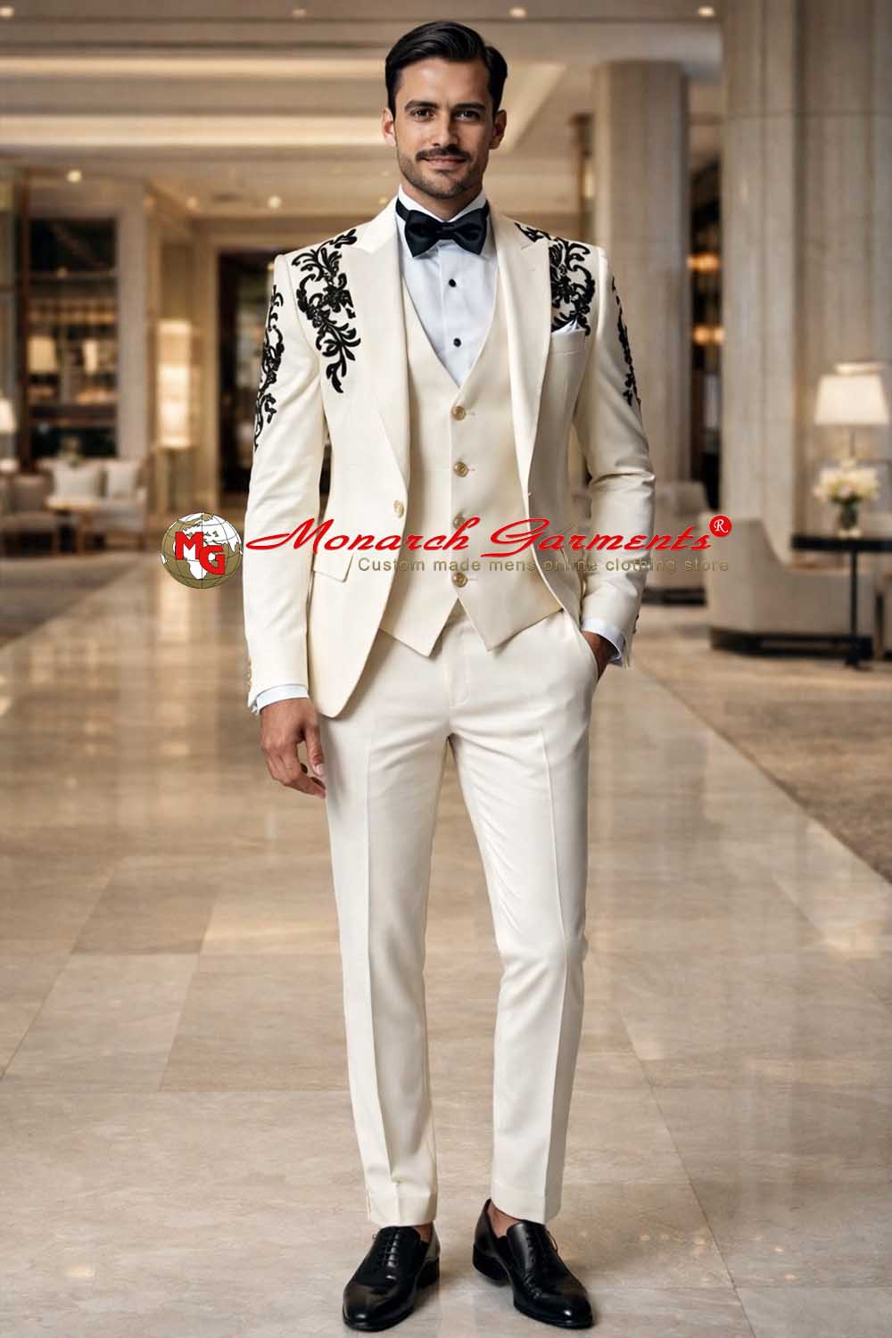 Cream embroidered tuxedo suit for men slim fit wedding groom wear India