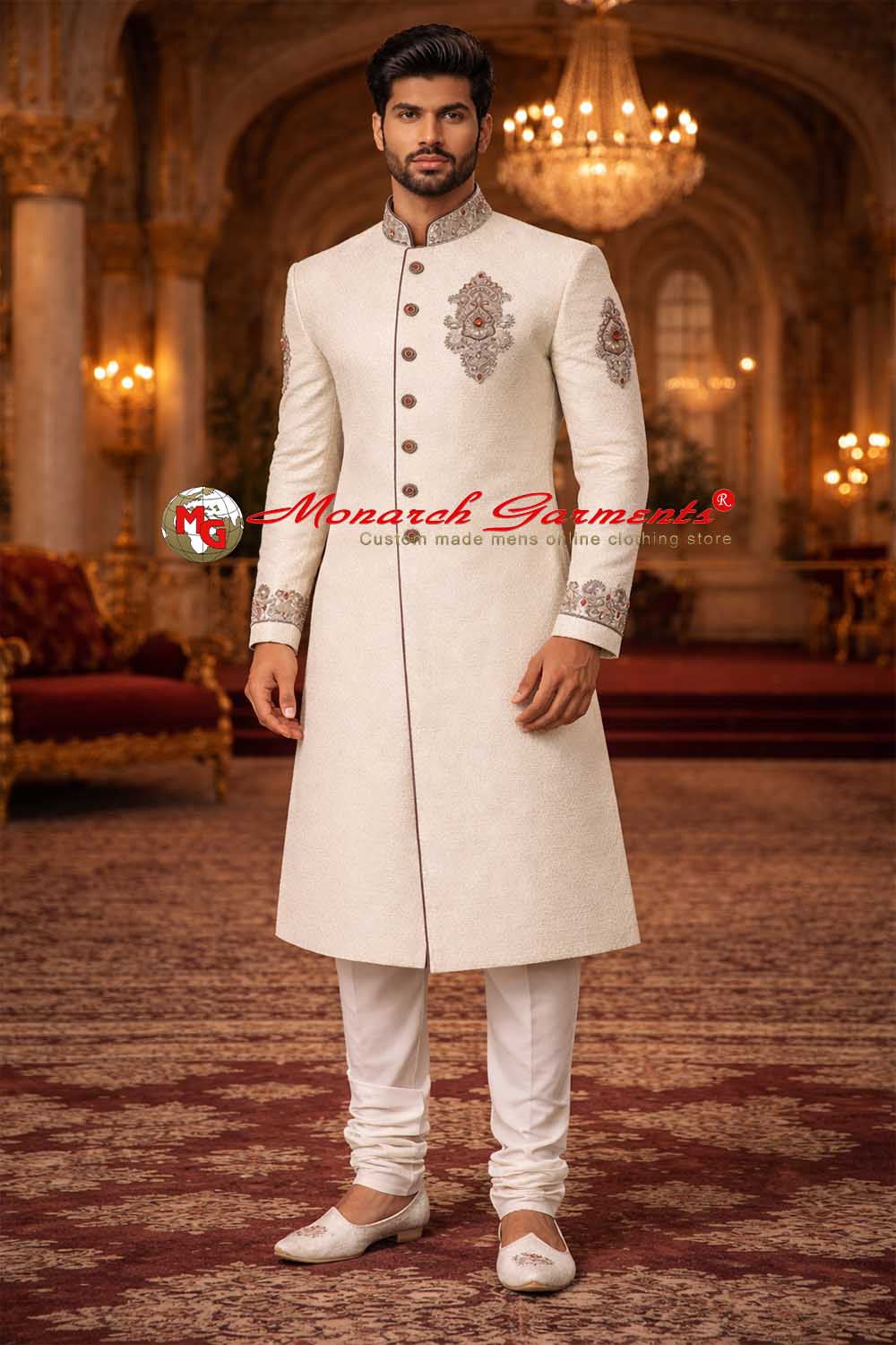 Cream embroidered sherwani for men with bandhgala collar, royal Indian wedding sherwani for groom by Monarch Garments