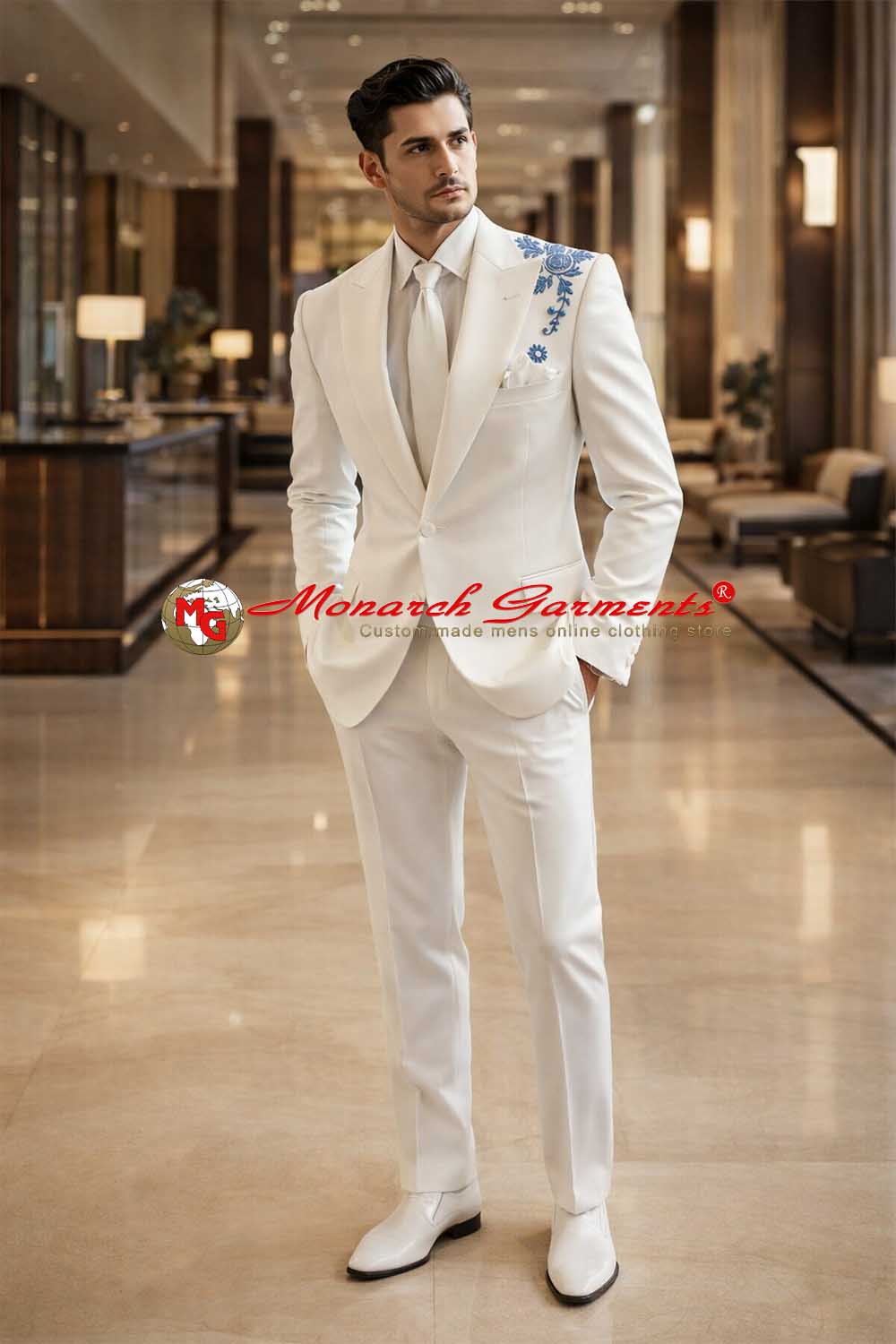 Cream embroidered tuxedo suit for men slim fit wedding wear India