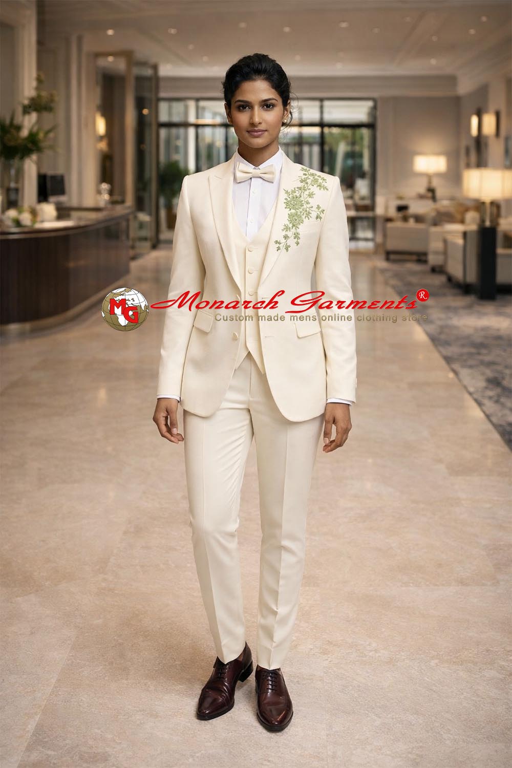 Cream embroidered 3 piece suit for women slim fit formal suit for wedding and luxury events in India