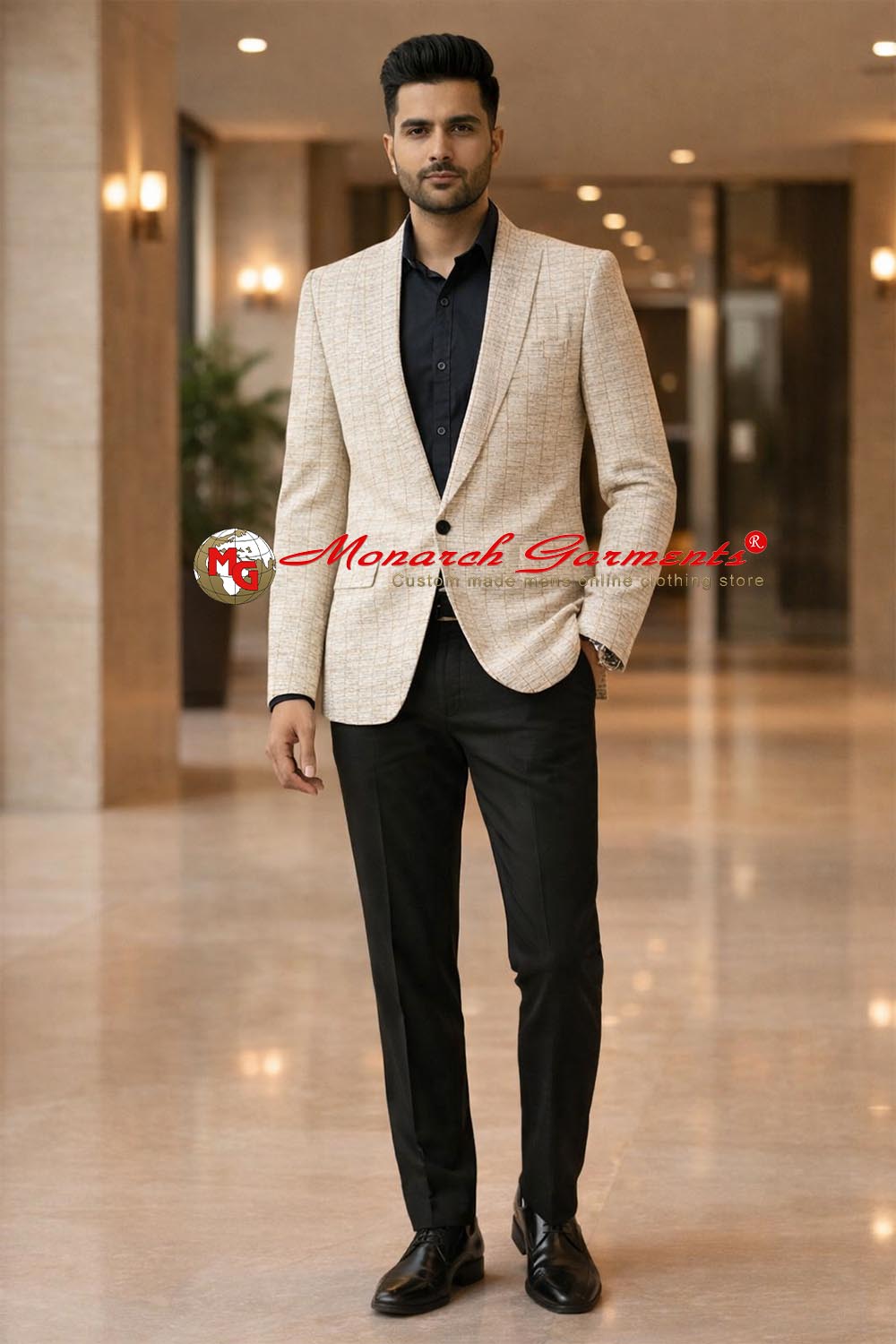 Men wearing cream ethnic notch lapel one button blazer with black shirt for wedding and party wear