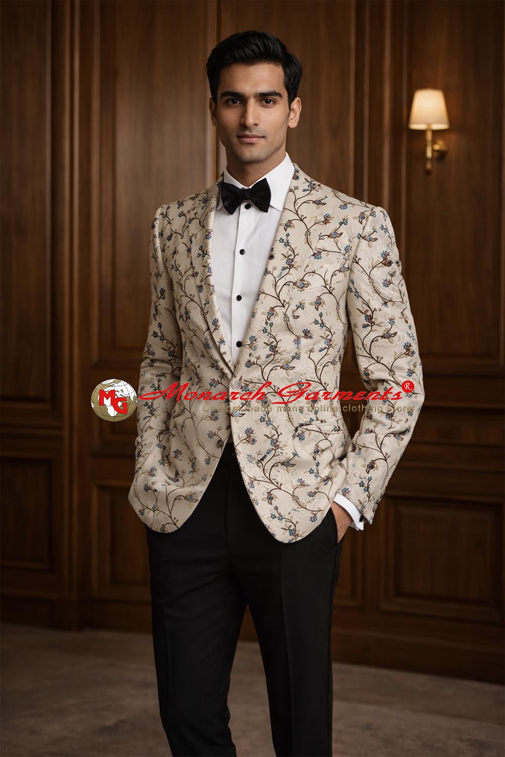 Cream floral embroidered slim fit blazer with shawl collar for men by Monarch Garments