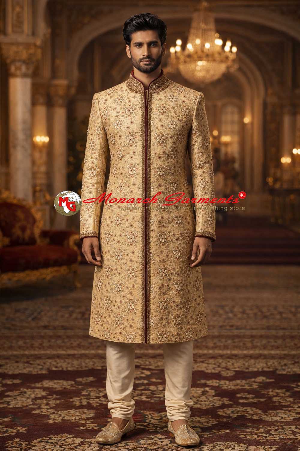 Cream floral embroidered sherwani for men with bandhgala collar, royal Indian wedding sherwani for groom by Monarch Garments