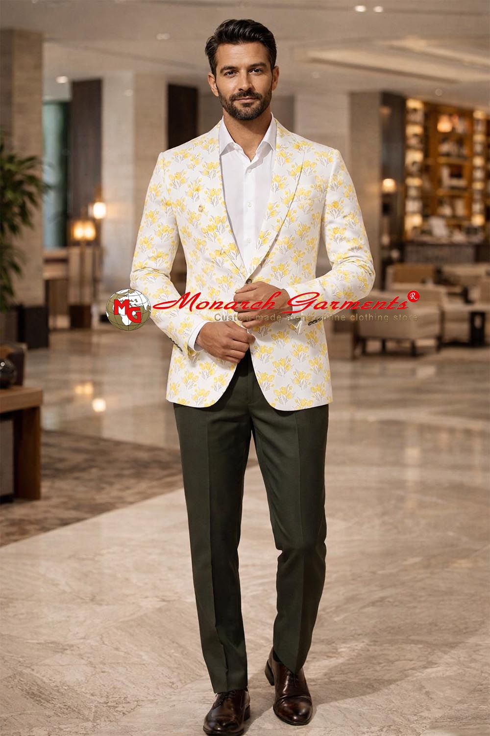 Men wearing cream floral blazer with white shirt and trousers for wedding and festive occasions