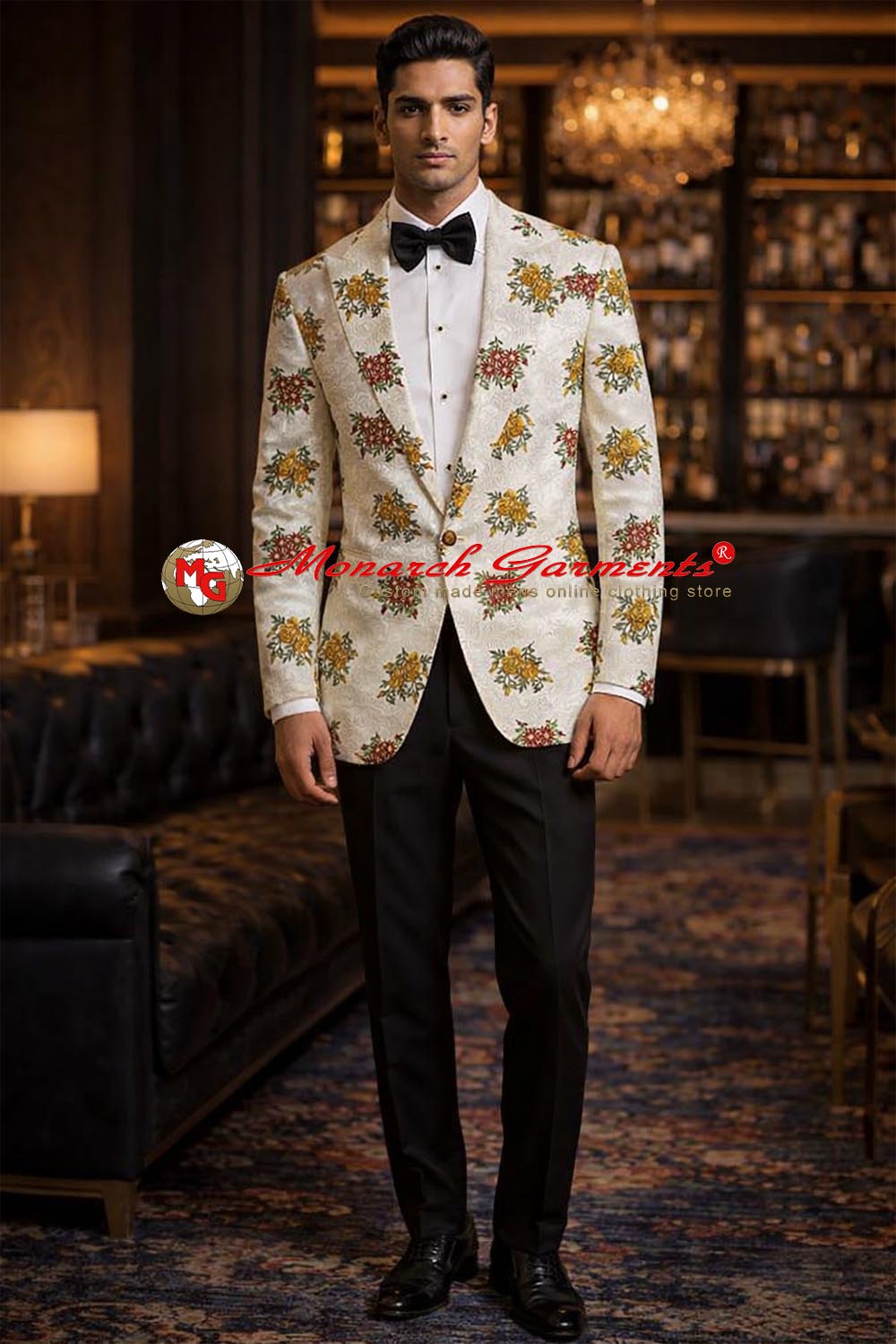 Men's cream floral motif peak lapel designer blazer by Monarch Garments