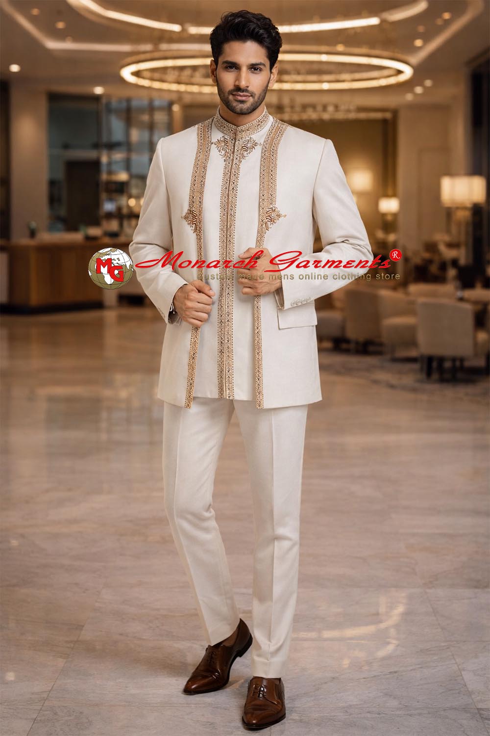 Cream front open partywear suit with embroidered vest and trousers for men