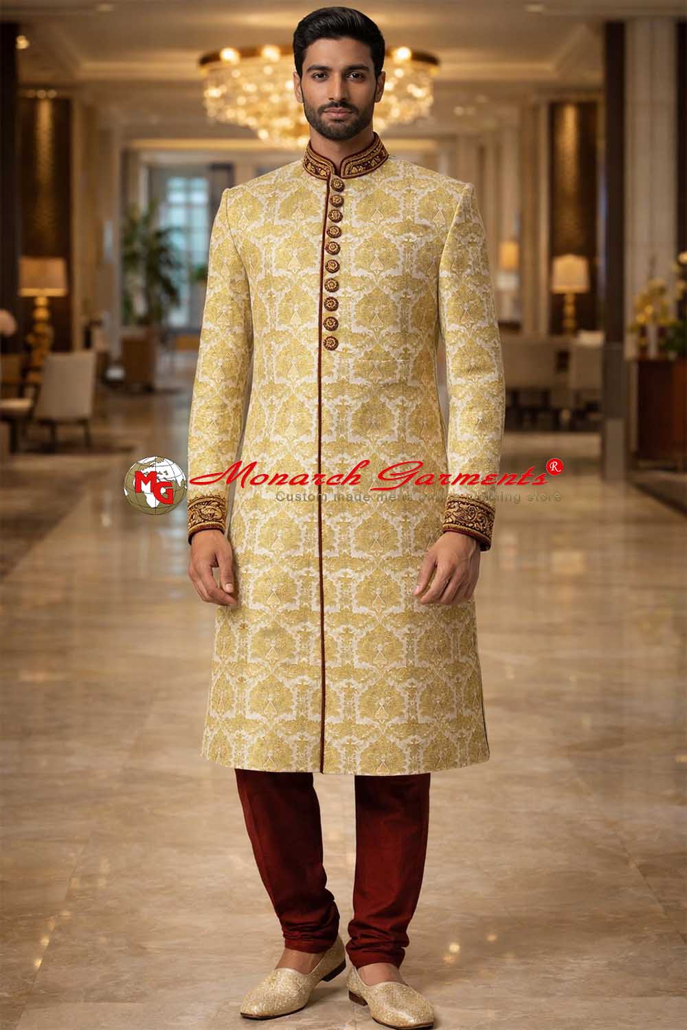 cream gold brocade wedding sherwani for men with maroon collar and cuffs traditional indian groom wear