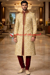 cream gold embroidered wedding sherwani for men with maroon placket and collar traditional indian groom outfit