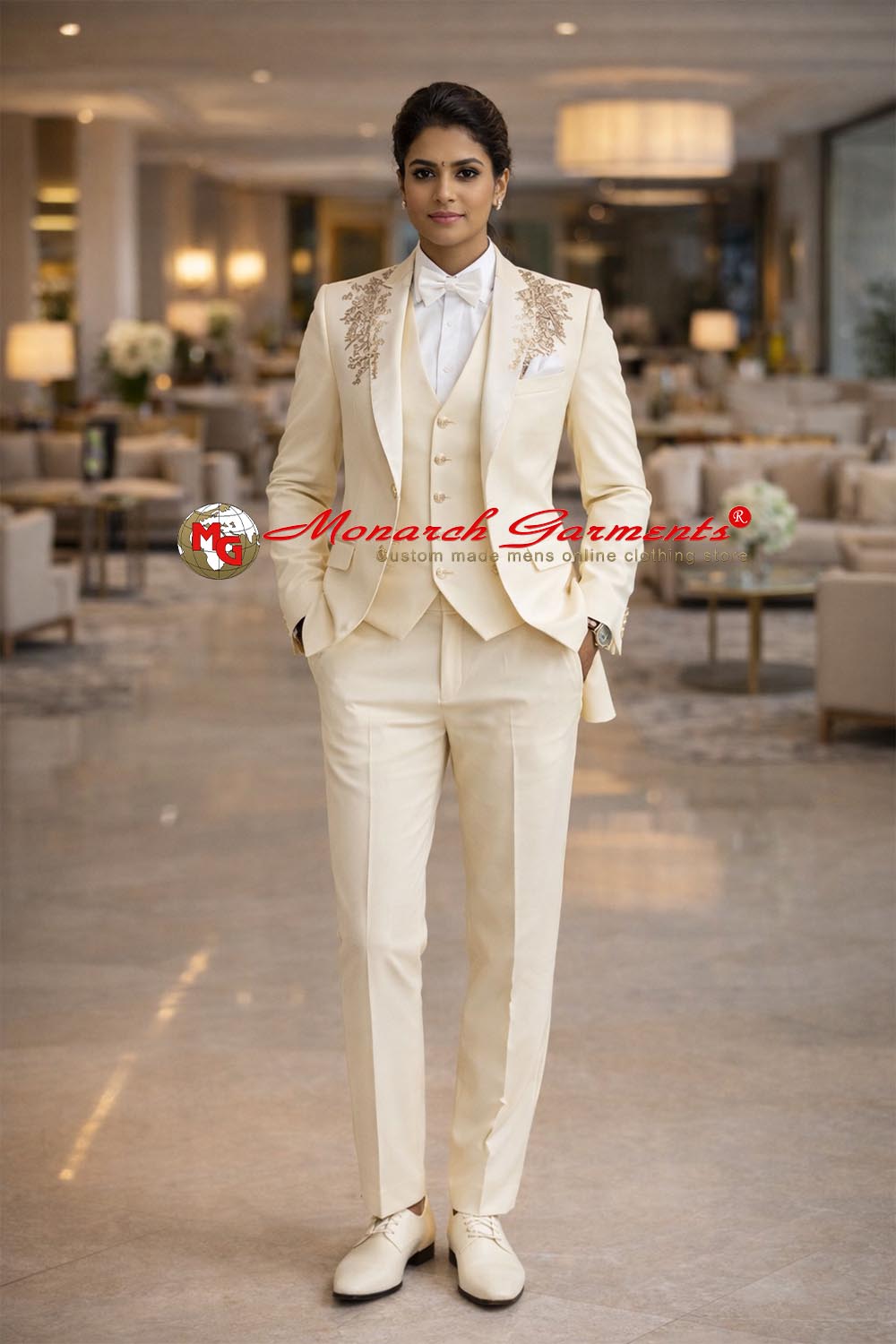 Cream gold embroidered 3 piece suit for women slim fit luxury formal suit for wedding and grand events in India