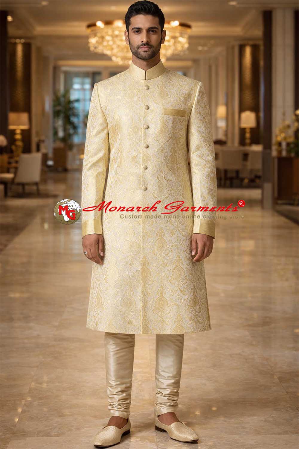 cream gold jacquard wedding sherwani for men with mandarin collar traditional indian groom wear