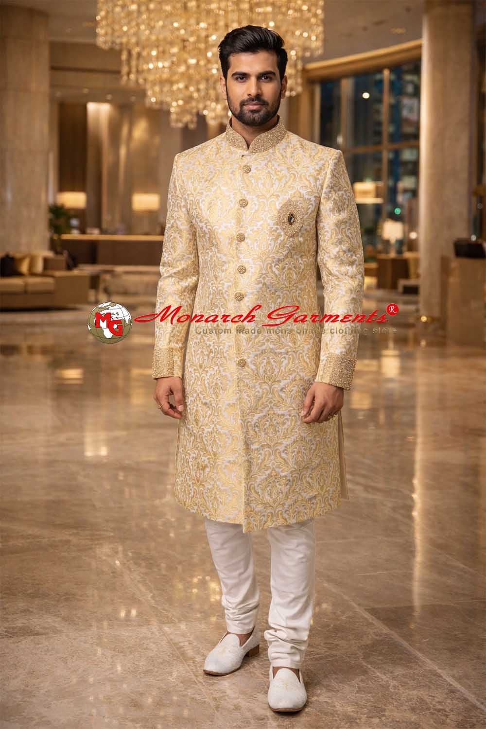 Cream golden Indo Western suit for men wedding wear kimkhab fabric India