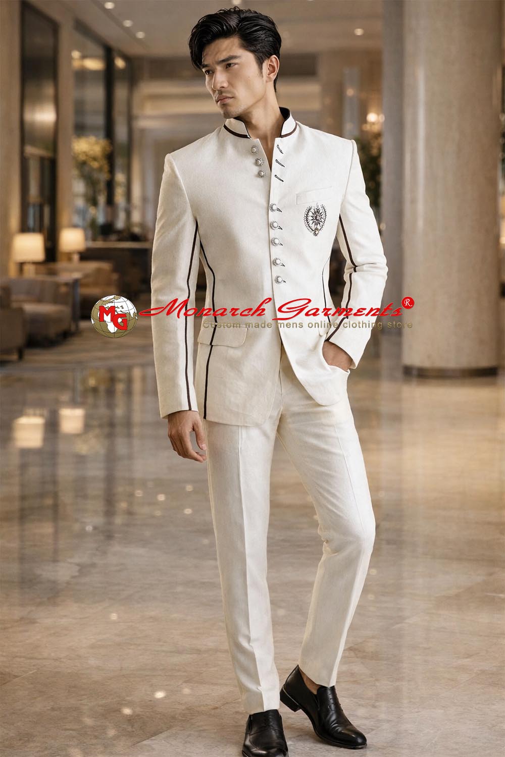 Cream groom wedding Jodhpuri Bandhgala suit with matching trousers by Monarch Garments