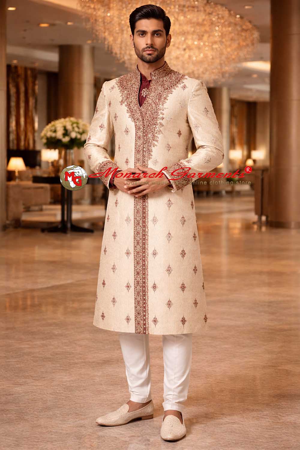 Cream hand embroidered dupion silk designer sherwani for groom with churidar – Monarch Garments