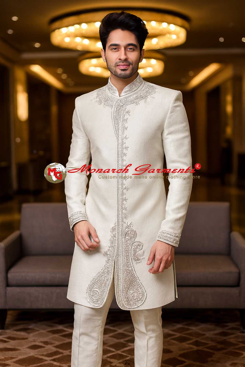 Cream hand embroidered Indo Western suit for men with silk pyjama brocade wedding wear