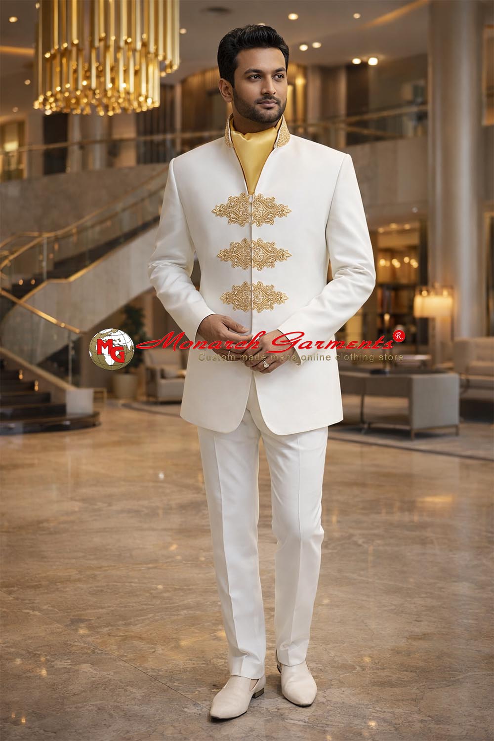 Cream hand embroidered Jodhpuri bandhgala suit for men with concealed buttons and scarf, luxury Indian groom wedding outfit by Monarch Garments