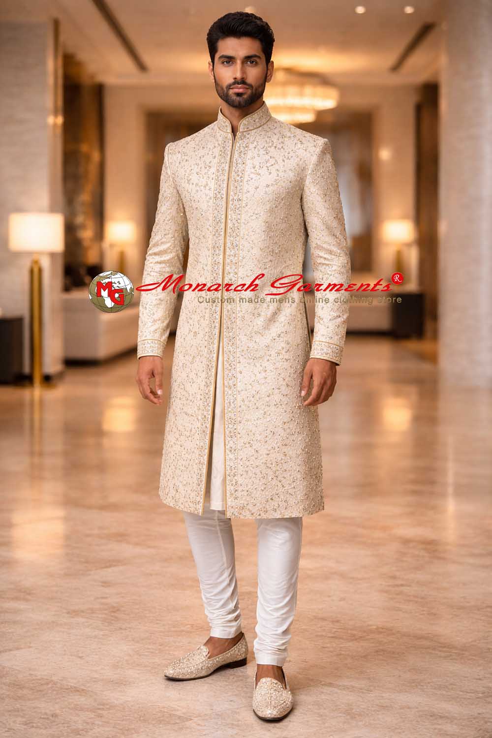 Men wearing cream hand embroidered brocade sherwani with white churidar for wedding and groom occasions